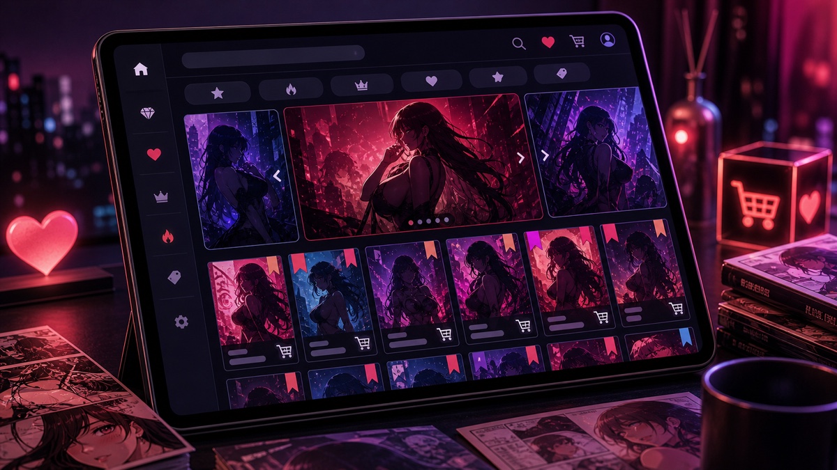 成人向け電子コミックのR18ストアで作品を探すタブレット画面のイメージ